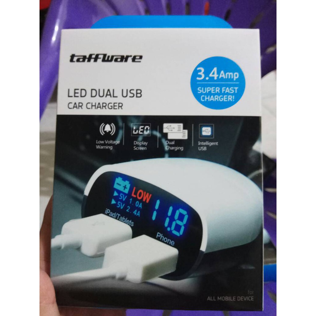 Car Charger Dual USB with LCD &amp; Voltmeter Black White - Taffware