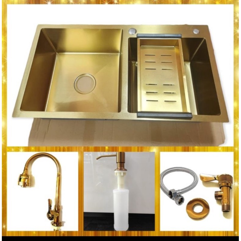 Paket kitchen sink 2 lubang 8245 gold komplit kran fleksibel gold