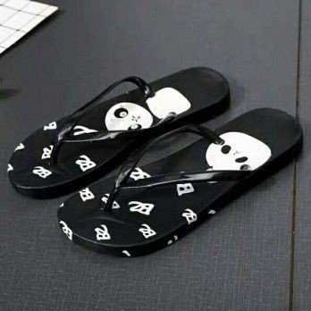 Sandal Jepit Spon Motif Lucu Kucing Pelangi Strawberry Anti Slip Murah-Panda Hitam