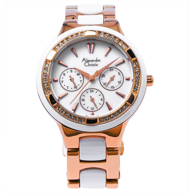 Alexandre Christie Chronograph - Wanita - Rose Gold-Putih - Stainless Steel-Keramik - AC2299BF