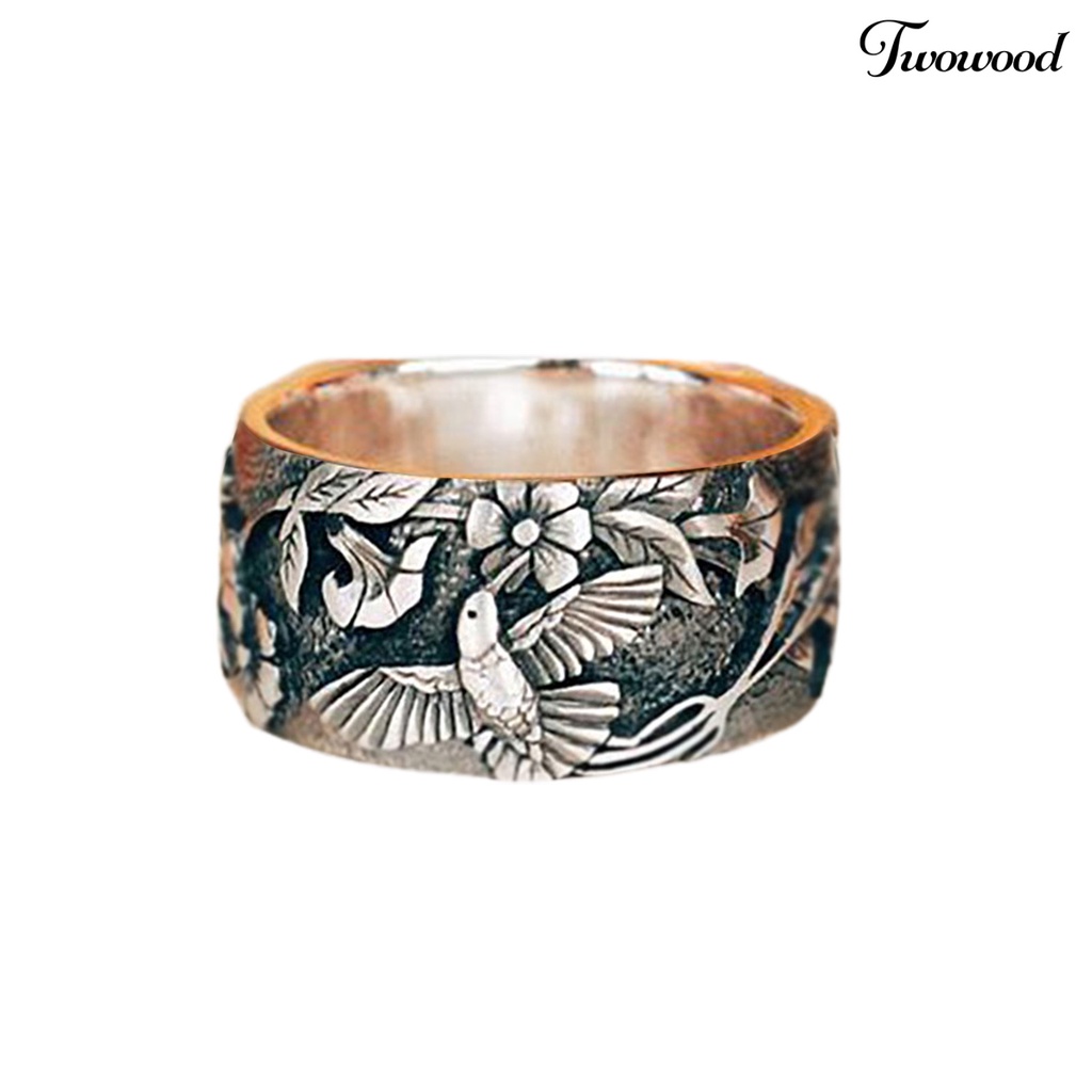 Twowood Bird Flower Pattern Unisex Ring Retro Color Alloy Wide Hip Hop Finger Ring Jewelry Accessory