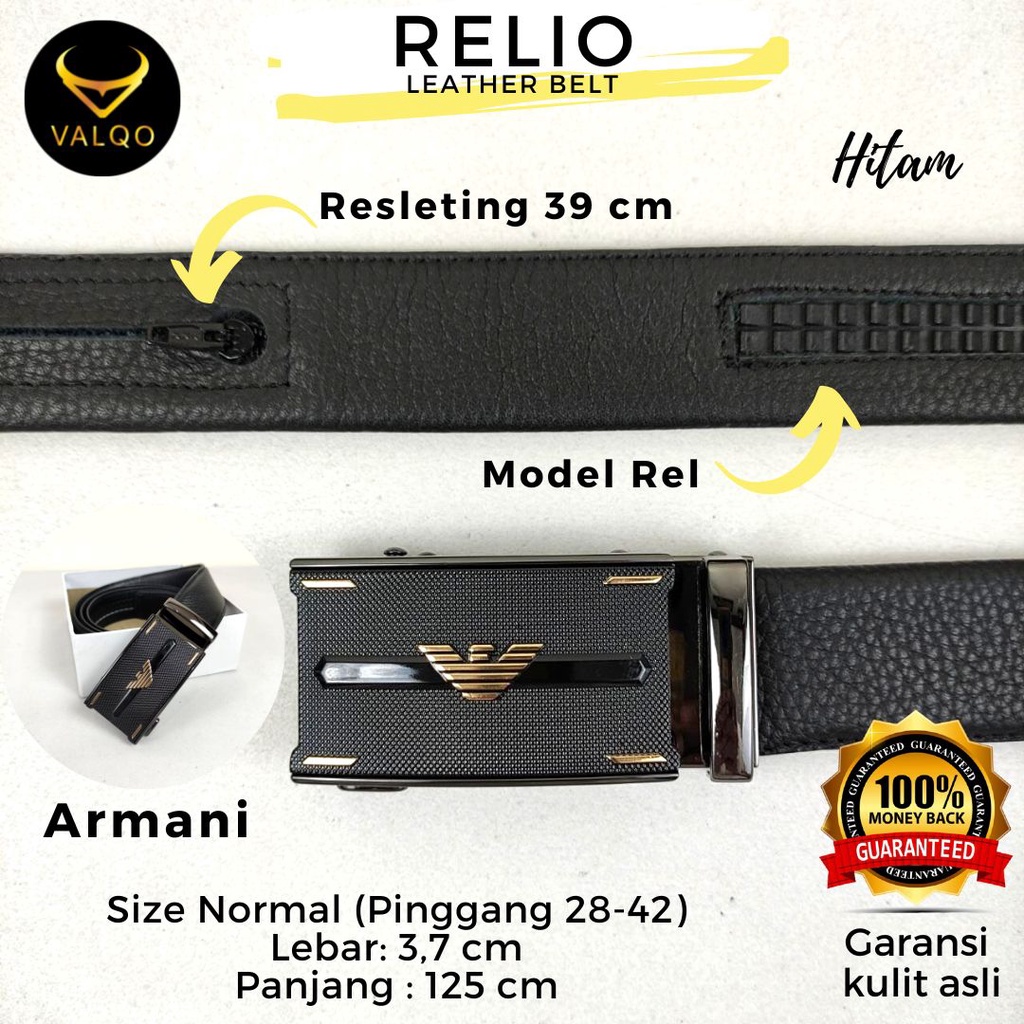 [VALQO] RELIO Resleting 125 CM Hitam Ikat Pinggang kulit sapi Rel Sabuk Cowok Pria Ukuran Standar Normal