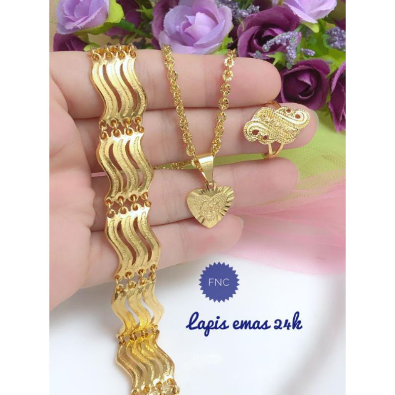 [Lapis emas 24 karat] gelang lebar 24 karat perhiasan 24 karat emas liontin bunga gelang lebar besar