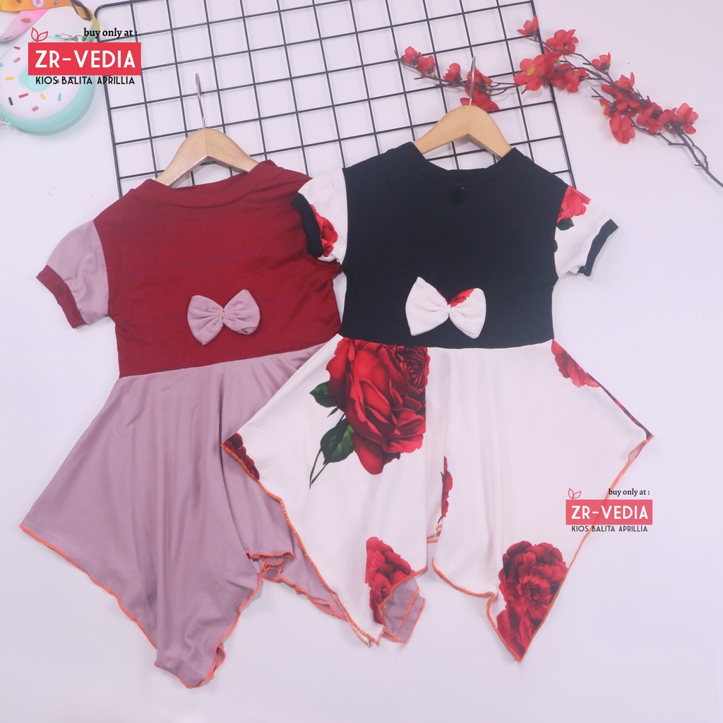 Dress Jennie 1-2 Tahun / Dres Anak Perempuan Lengan Pita Polos Branded Baju Pesta Pakaian Adem Murah