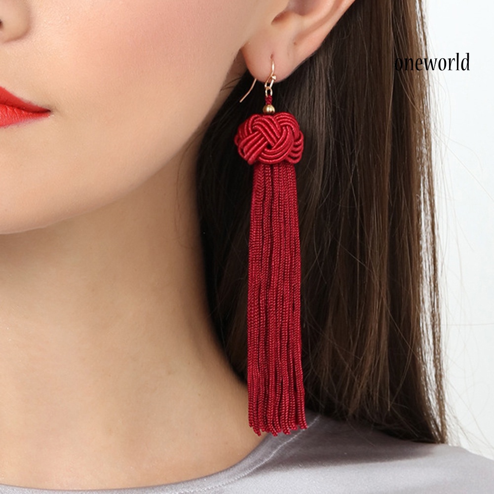 OW@ Bohemian Women Woven Knot Long Tassel Dangle Hook Earrings Statement Jewelry