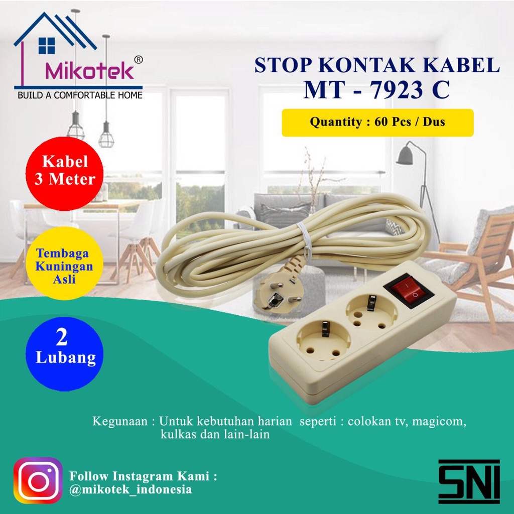 Mikotek Terminal Stop Kontak + Kabel + Saklar 2 3 4 5 Lubang 3 5 Meter Tembaga Kuningan Kabel Roll