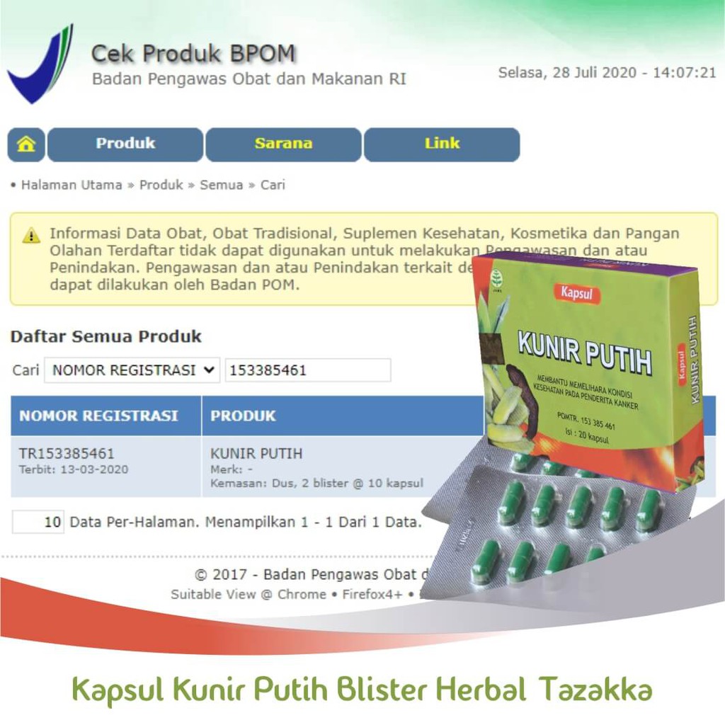 Obat Kista Ovarium Herbal Kanker Tumor Ekstrak Kunir Putih Tazakka Original 20 Kapsul Blister.