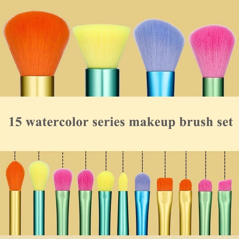 15 Pcs / Set Brush Makeup Profesional Warna-Warni Untuk Foundation / Bedak / Concealer / Eyeliner / Alis / Eyeshadow