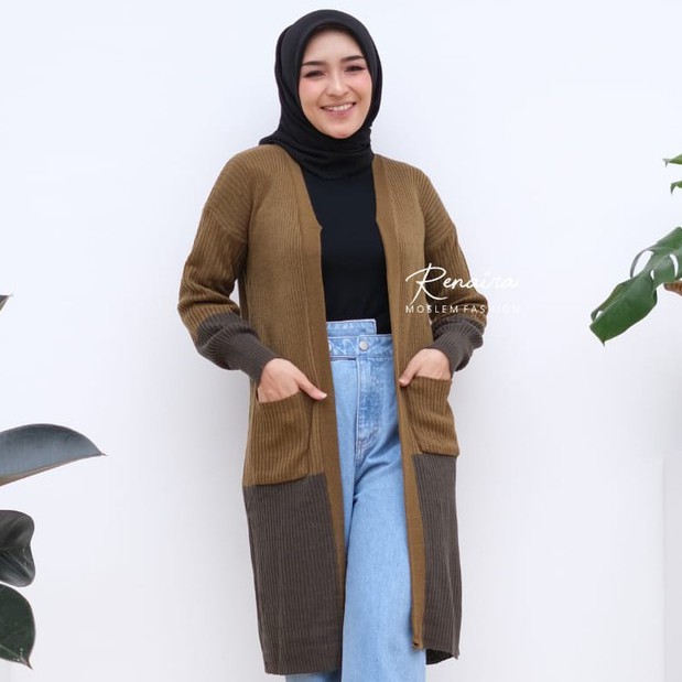 Baju Wanita Cardigan Rajut Panjang Longcardy strip RENAIRA 04-0