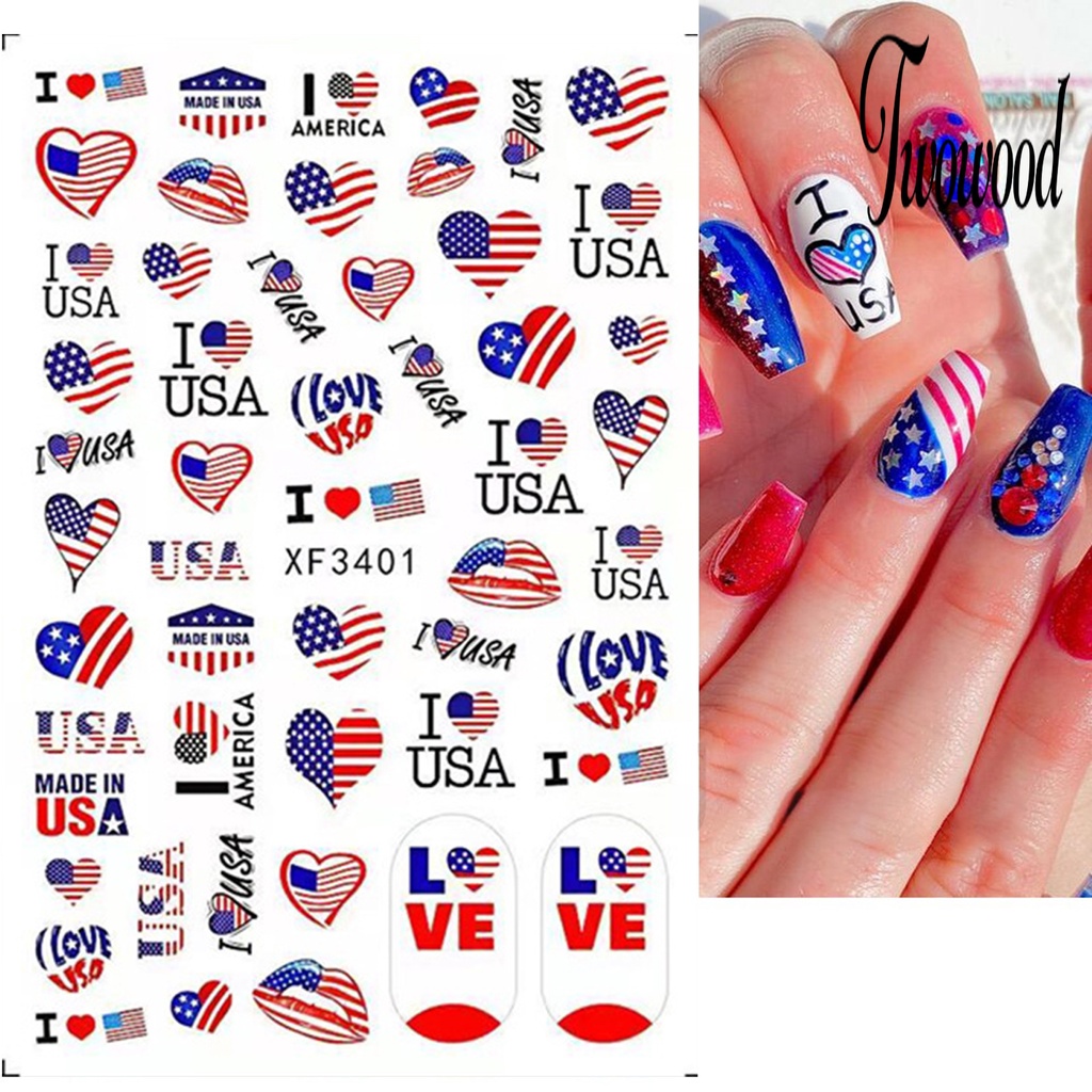 Twowood Stiker Kuku Ultra Tipis Motif Bendera Amerika / National Day Untuk Nail Art