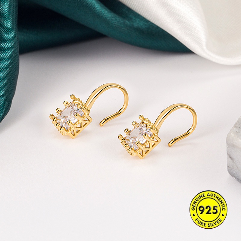 Anting Sterling Silver Bentuk Persegi Aksen Zircon Gaya Retro Perancis