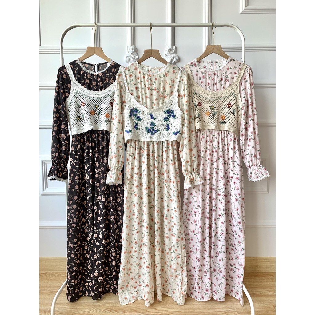 Sunmi Maxi Floral Dress with Floral Vest 2 in 1 Set / Gamis Casual Wanita Motif Bunga dengan Rompi Bunga Rajut Import