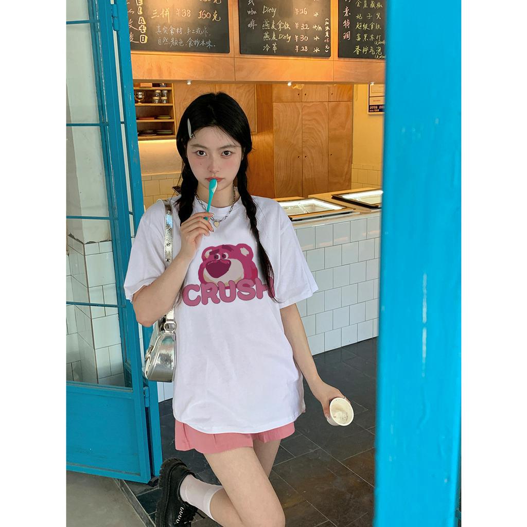 EUNII T-shirt Lengan Pendek Cartoon Crush Strawberry Bear Korean Style/Kaos Atasan Wanita/Baju Kaus Oversize Wanita/Kaos Wanita