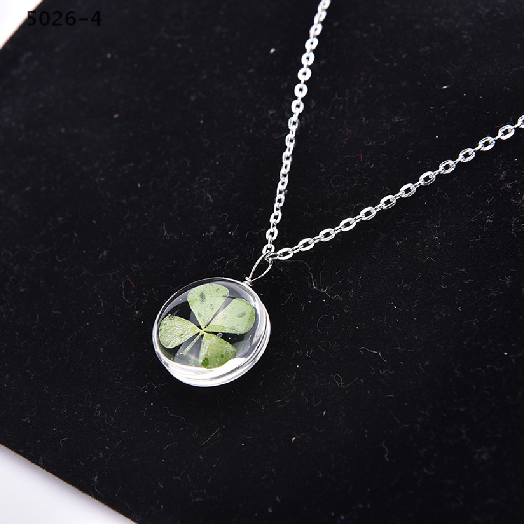 5026-4 Real Green Lucky Shamrock Four Leaf Clover Round Pendant Necklace Friends Gift, 5026-4