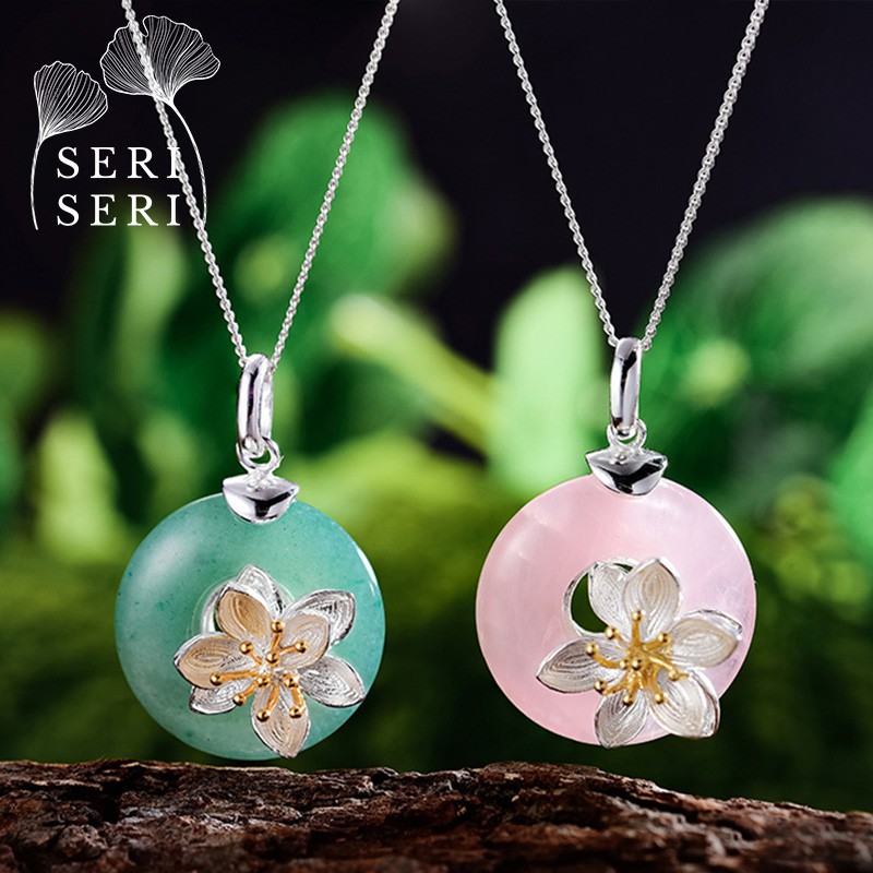 SERI SERI Kalung Wanita Perak 925 Asli Jade Lotus Sterling Silver Necklace Bunga Aventurine / Rose Quartz