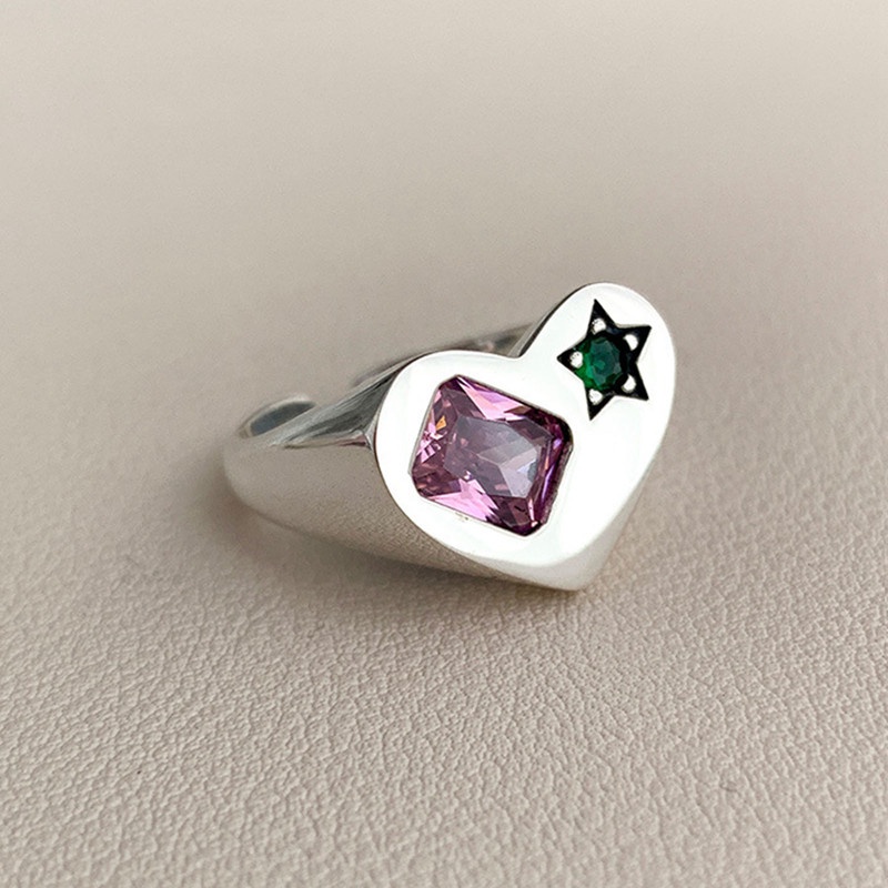 Cincin 925 Sterling Silver Bentuk Hati Aksen Zircon Warna Pink Hijau Untuk Wanita