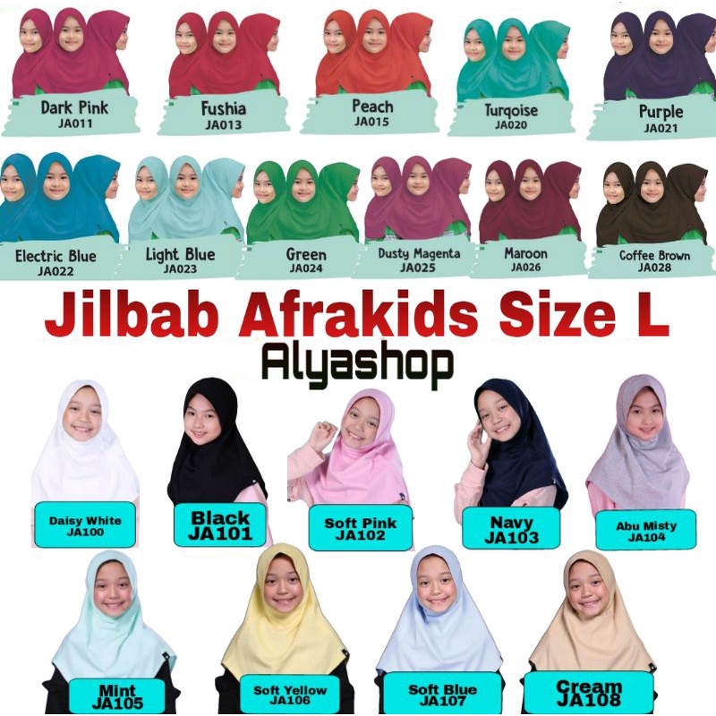 SIZE L JILBAB AFRAKIDS dan SABINFATIN (AFRAKIDS NEW) ORIGINAL 20 WARNA