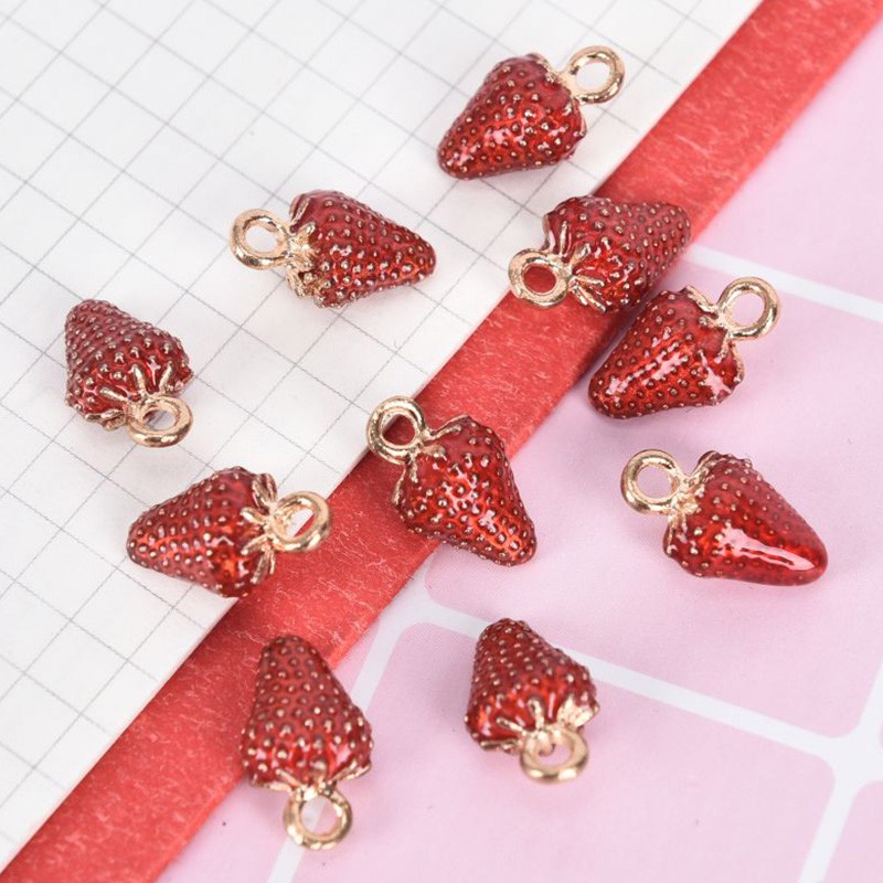 Hbid Glory 10Pcs / Set Liontin Enamel Bentuk Strawberry Bahan Alloy Untuk Membuat Perhiasan DIY