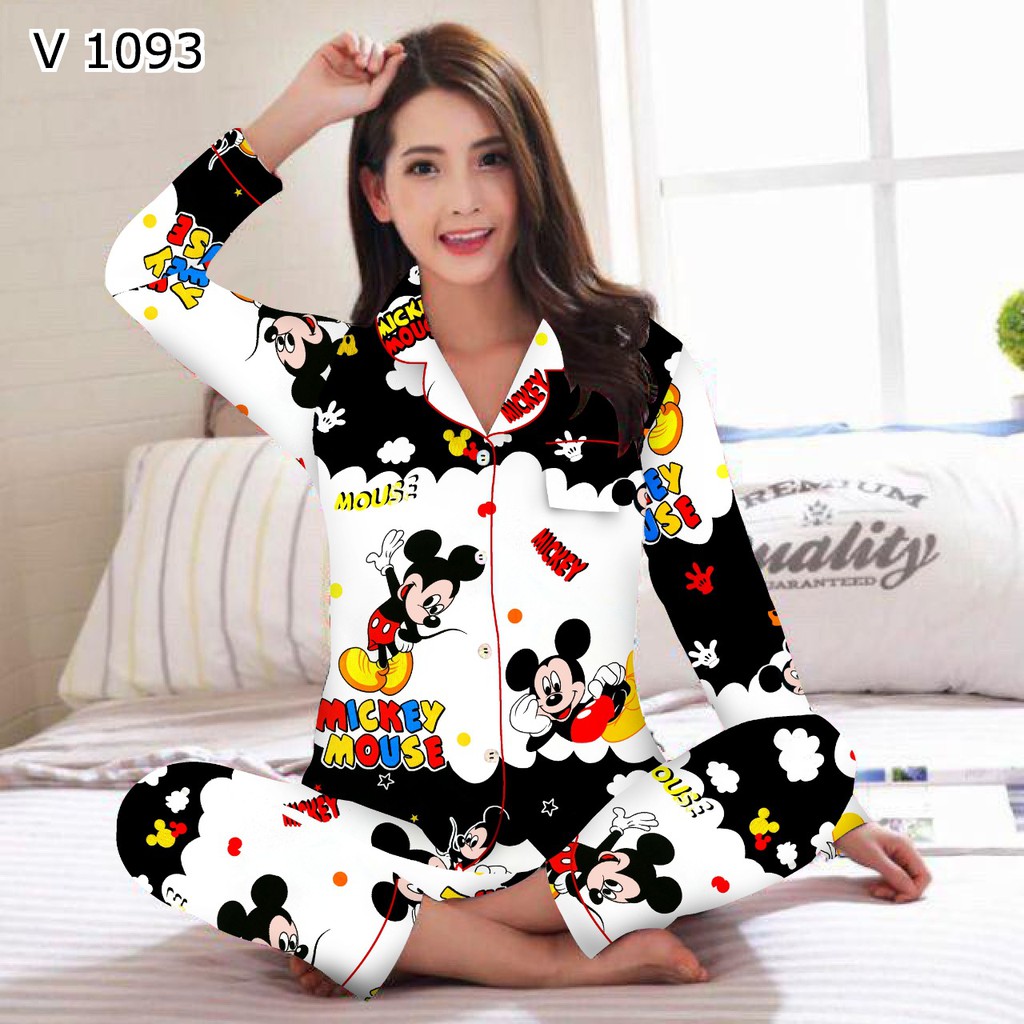 BJ-Piyama PP XXL Wanita Dewasa Murah - Baju Tidur Lengan Panjang-Micky Awan - Hitam