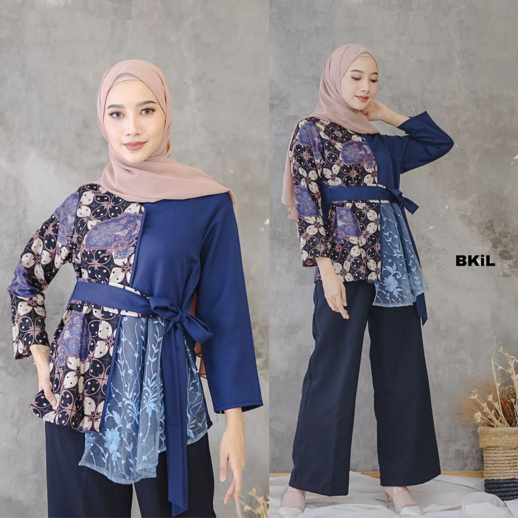 tey-17 Batik wanita ASJ SA HRB026 Kenongo Kemeja Tosca Pendek-Tile Navy