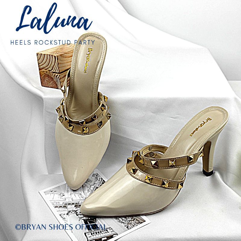 Bryan Laluna Heels RockStude Cross Silang Pesta 9cm Mules Hak Runcing Jumbo BigSize 36-40 41 42 43