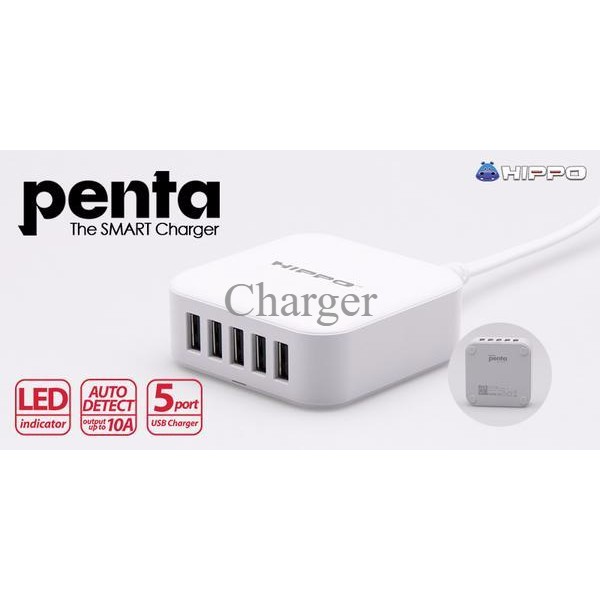 HIPPO Penta 5 port Travel Adaptor Desktop Charger 10A & Pouch , Charger