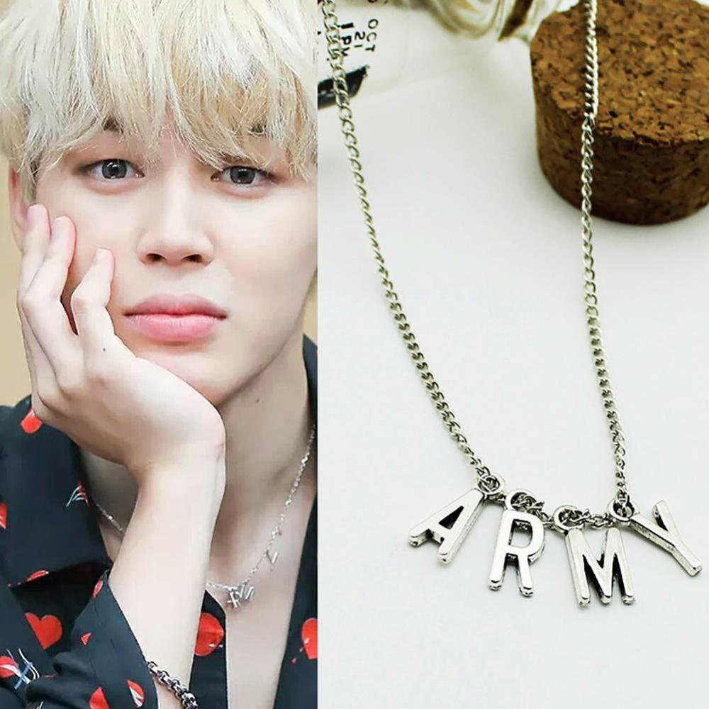 Timekey Kalung Rantai Silver Pendan Ukiran ARMY Kpop BTS Jimin Bangtan Boys Q6Z8 Untuk Unisex