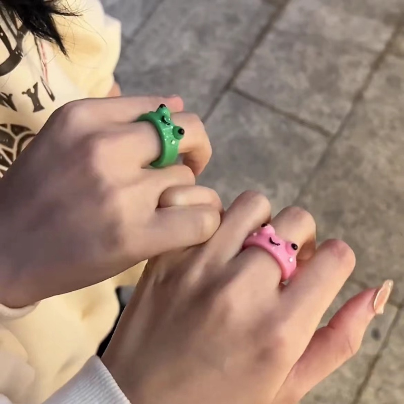 Papaozhu Korea Kartun Katak Cincin Untuk Wanita Gadis Indah 3D Hewan Resin Rings Untuk Teman Pasangan Jari Perhiasan