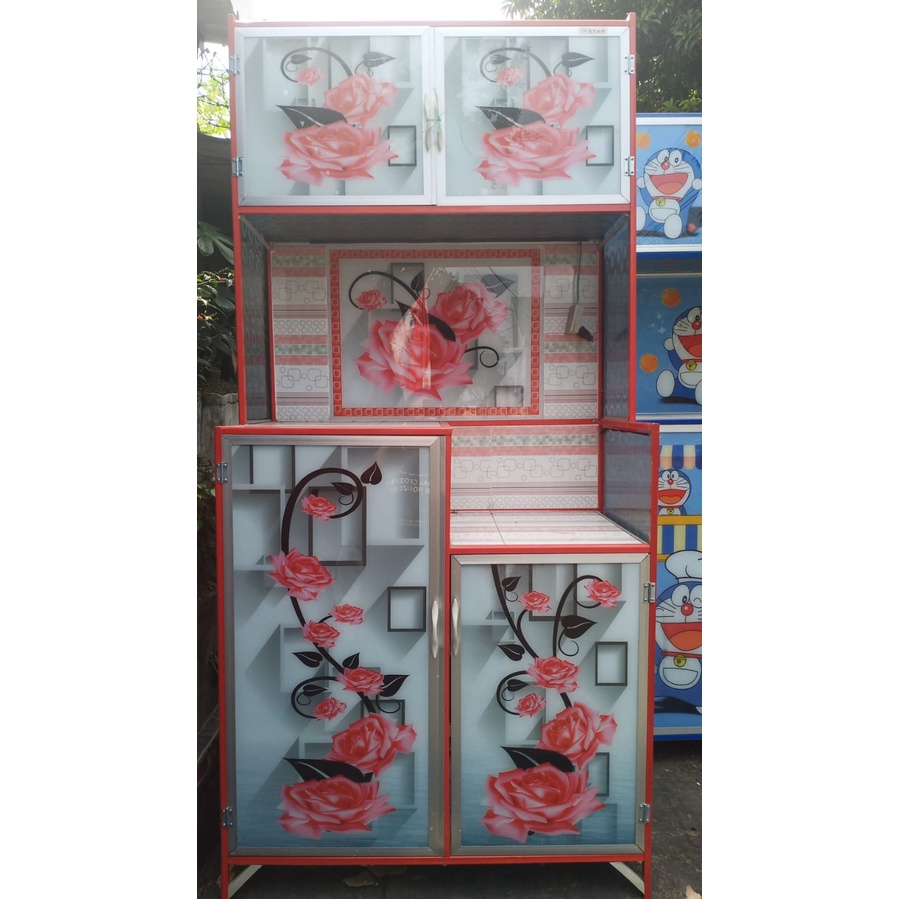 Rak Piring Kaca Lemari Piring 2 Pintu Kaca Lukis Bunga Alas Keramik KHUSUS BOGOR KURIR TOKO