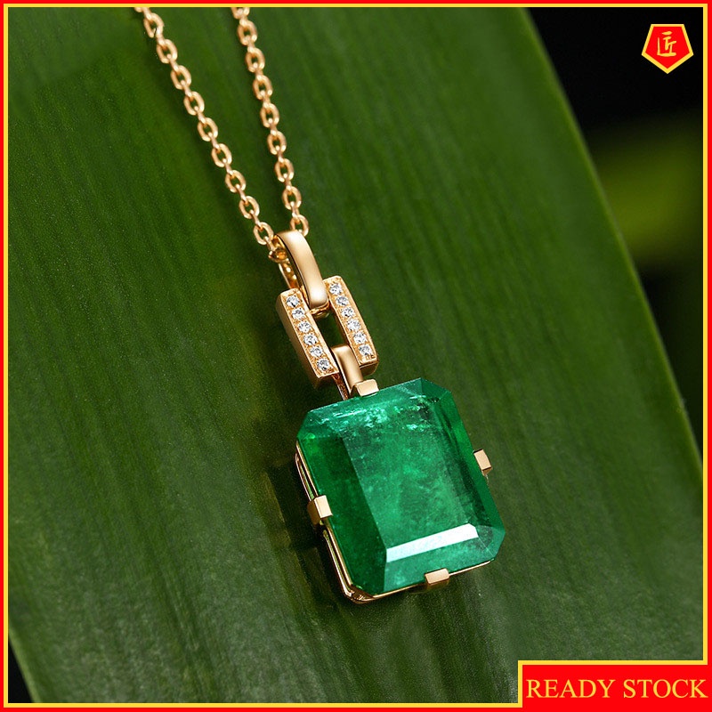 [Ready Stock]Fashion 18K Gold Plated Green Necklace Rectangle Gemstone Pendant