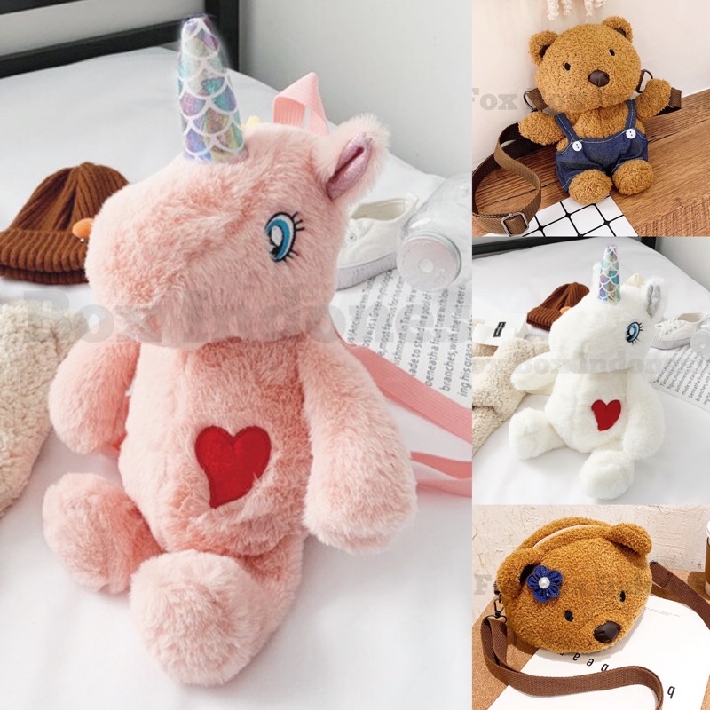 [TERMURAH] Tas Ransel Unicorn / Tas Selempang Beruang Teddy Bear Korea - Sling Bag Backpack Impor Anak dan Wanita Dewasa - Tas Boneka Bulu Premium - Fox Box Indonesia