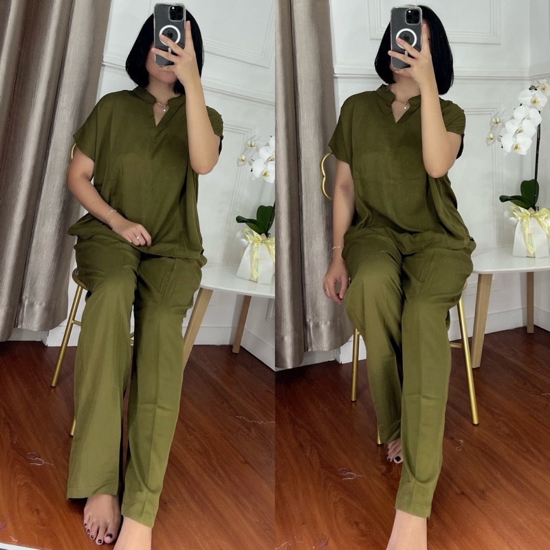 ONE SET TWILL PIYAMA SET TWILL/PAJAMAS/DAILY ONE SET/SETELAN / SETCEL / KEMEJA RAYON / RAYON TWILL-OLIVER TWILL