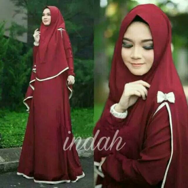 Baju Muslim Wanita Indah Syari Busana Lebaran Polos Warna Merah