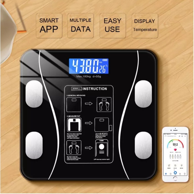 [Free Battery &amp; Bubble][BISA COD]  Timbangan Badan Digital Black Digital Scale Beban Load 180Kg Square/ Body Fat Monitor With App Smart Weight Scale timbangan berat badan dewasa digital