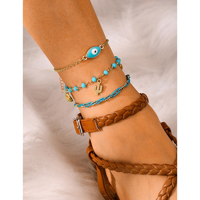 LRC Gelang Kaki Fashion Gold Woven Rice Beads Eye Cactus Shell Multi-layer Anklet F78067