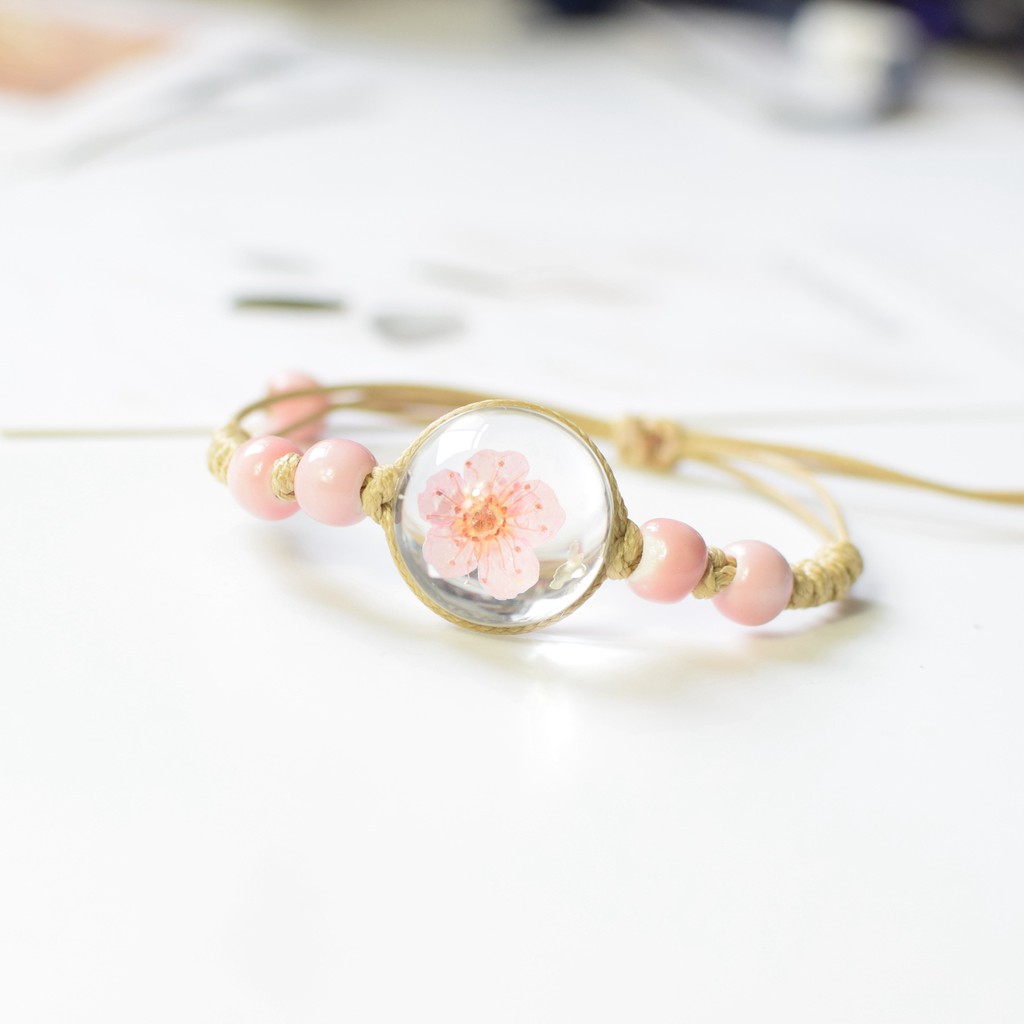 Gelang bangle bunga wanita bunga kering awet cantik terbaru model korea lucu hadiah kado anak ultah-pink peach blossom