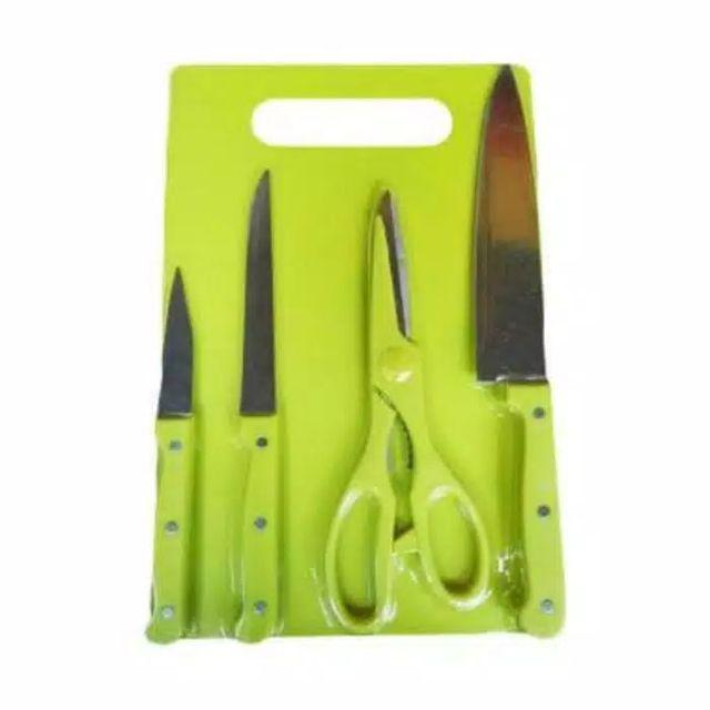 Knife Set 5 Pcs - Pisau Dapur Roti Daging Gunting Sayur Dan Talenan
