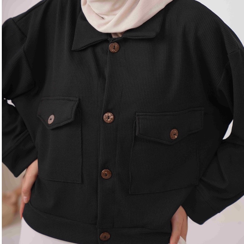 Jaket Crop Wafle Knit Oversize Wanita