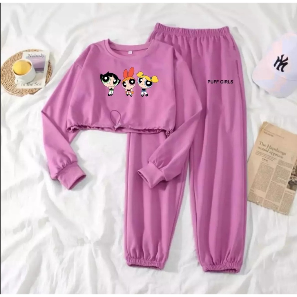 SETELAN SUPERGIRL PUFFGIRL WANITA bahan babyterry tebal good quality