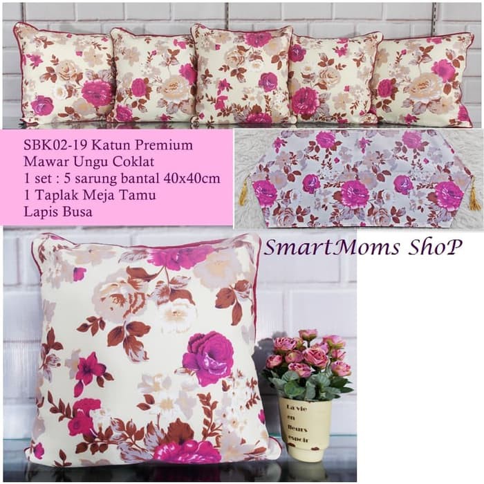Sarung Bantal Sofa Kursi Katun MInimalis Mawar Ungu Coklat