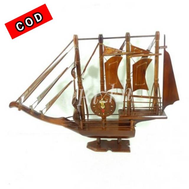 Jam Duduk Miniatur Kapal Perahu Layar Kayu Jati