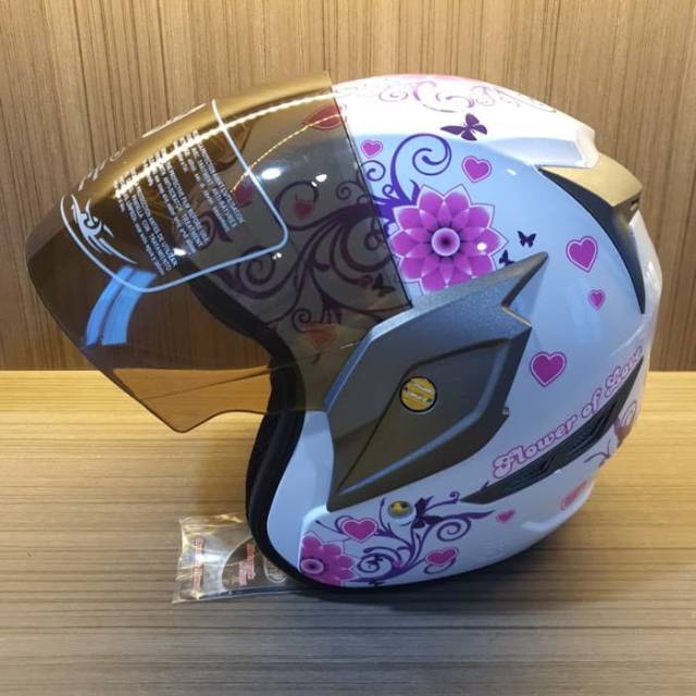 VIRTUE Helm Half Face SNI Wanita Cewek Remaja Dewasa Motif Bunga Flower Kaca Riben Original Size M L