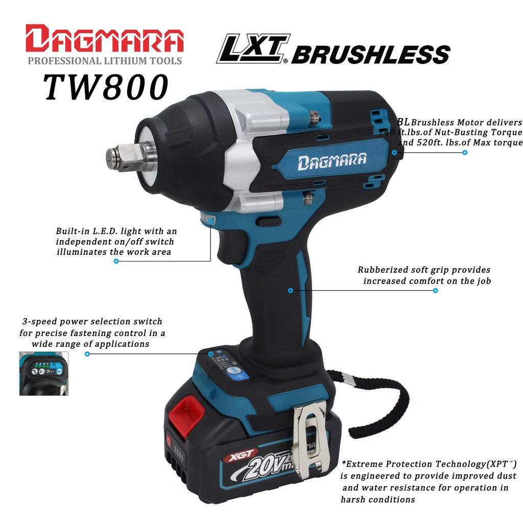 Dagmara 800Nm Electric 1/2 Inch Cordless Impact Wrench  Heavy Duty Brushless  High Power Drive Ratchet Socket