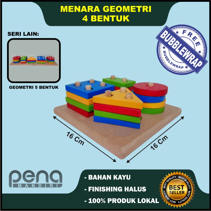 Mainan Edukasi Anak Balok Kayu - Menara Geometri 4 Bentuk