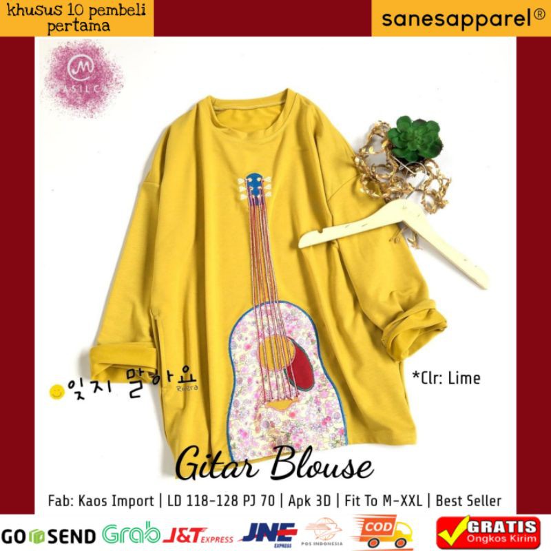 Atasan Gitar blouse kaos import aplikasi 3d lime murah berkualitas pakaian wanita keren by Masilca