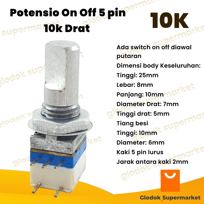 Potensio On Off 5 pin 10k Drat Kaki 3-2 Lurus 103 HT