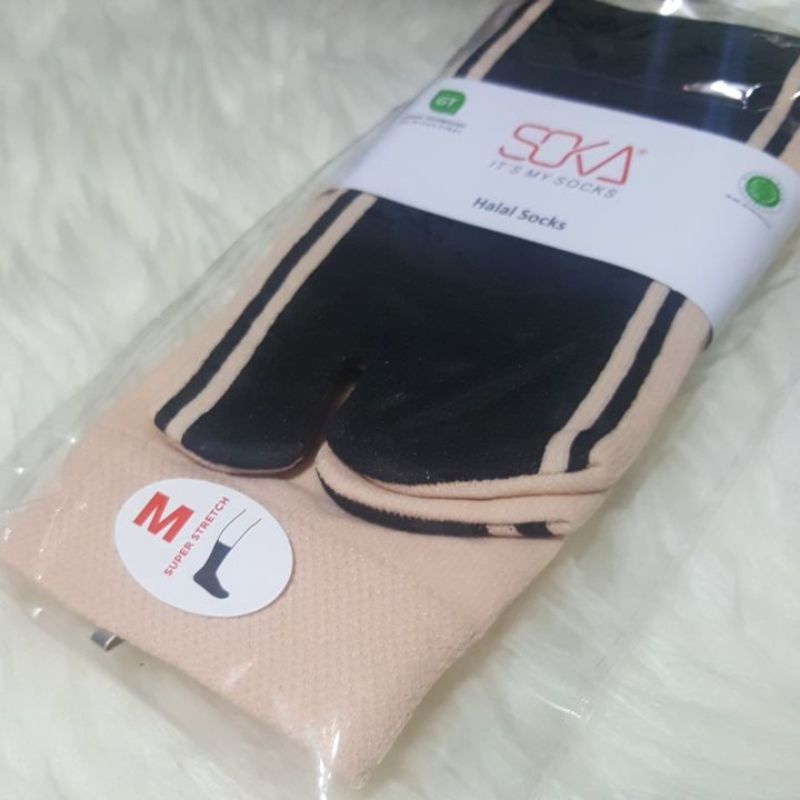 [1 PASANG] ORIGINAL SOKA Jempol Skin Kaos Kaki Muslimah Wanita Hijab Haji Umroh Murah Diskon Warna Kulit Size M Pendek kaoskaki-LightSkin TapakHitam