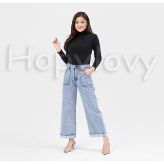 HOPYLOVY Celana  Boyfriend Kulot Jeans Wanita  Lipat  Bawah  