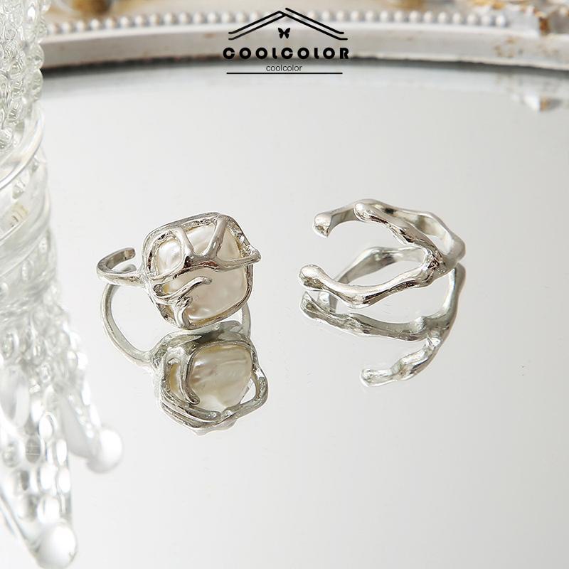 COD❤️2PCS/Set Cincin Kreatif Sederhana Temperamen Pembukaan Mutiara Tidak Teratur Cincin Dapat Disesuaikan korea fashion wanita