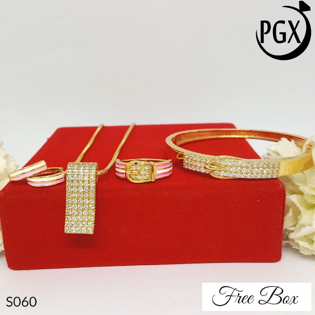 PGX Set Perhiasan Xuping Cincin Gelang Kalung Anting Lapis Emas - S060